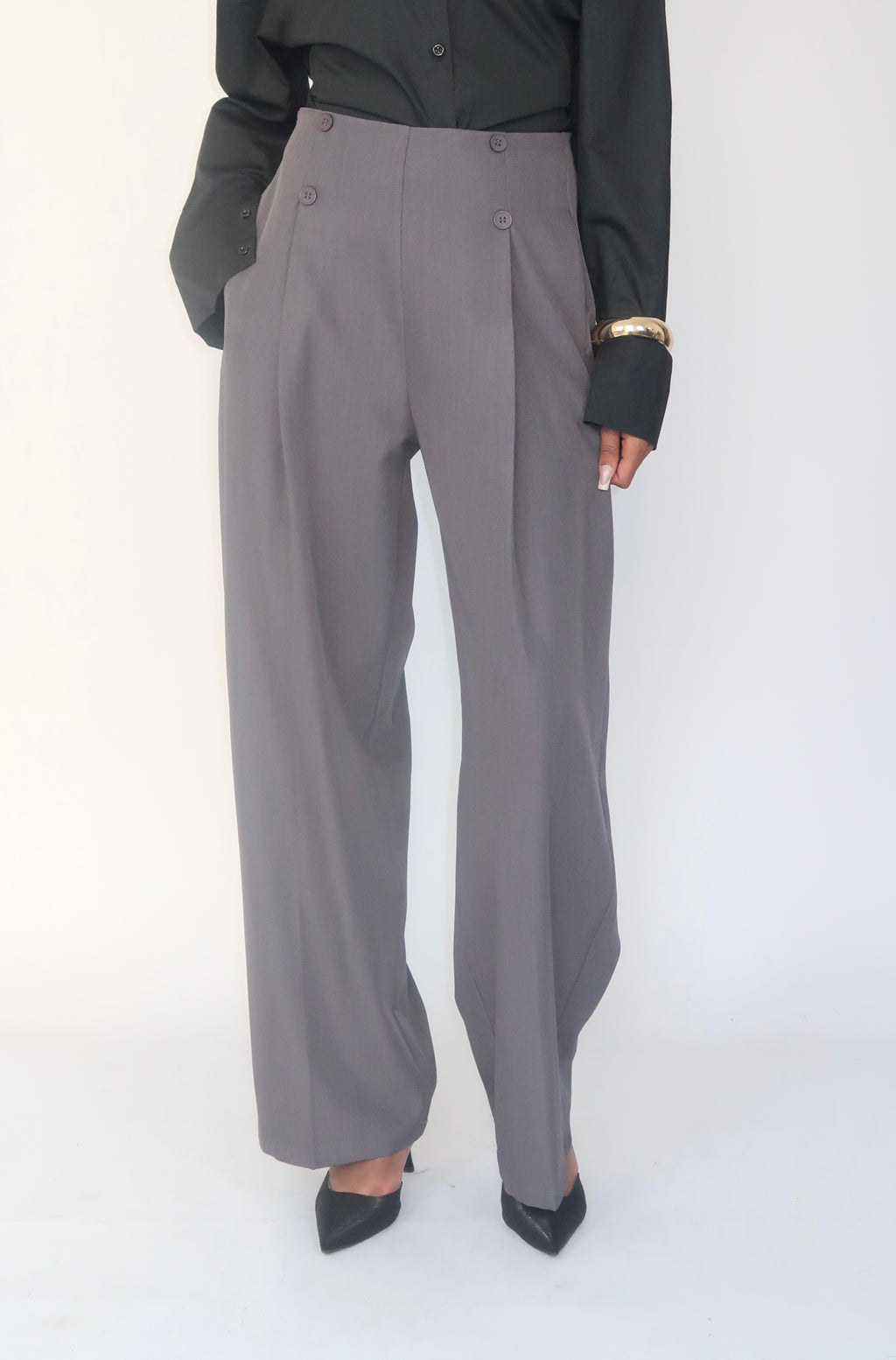 Pantalon taille haute à boutons – Gris anthracite