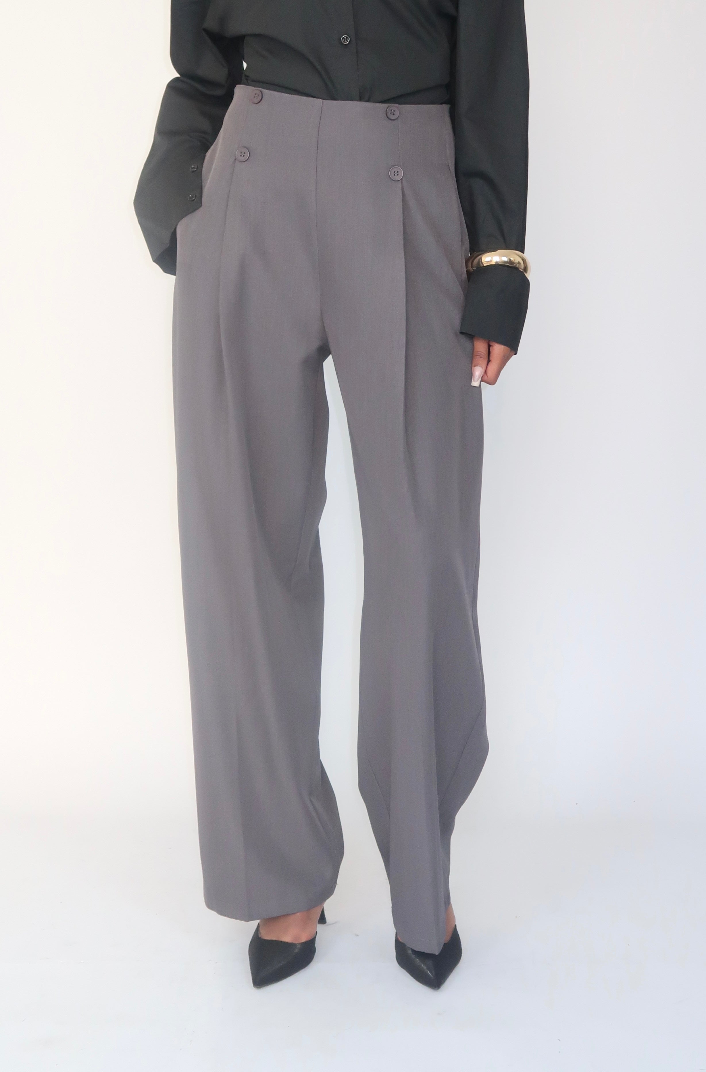 Pantalon taille haute à boutons – Gris anthracite