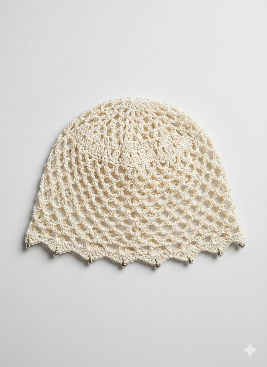 Bonnet crochet ajouré perlé – Écru