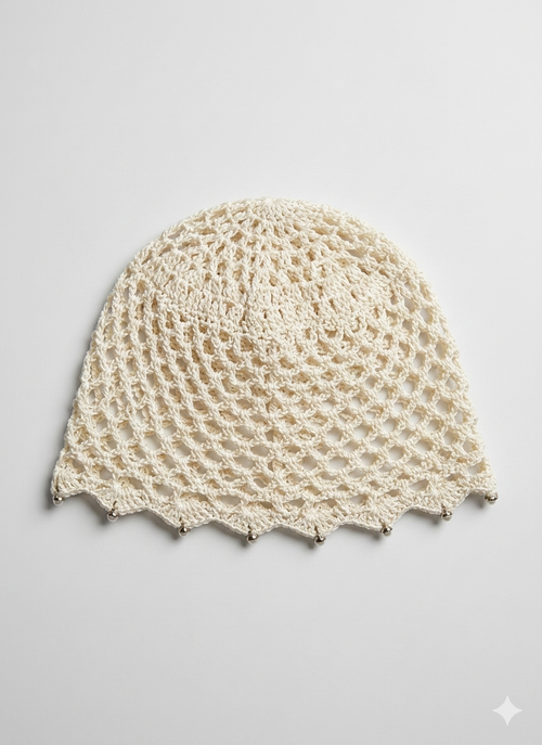 Bonnet crochet ajouré perlé – Écru