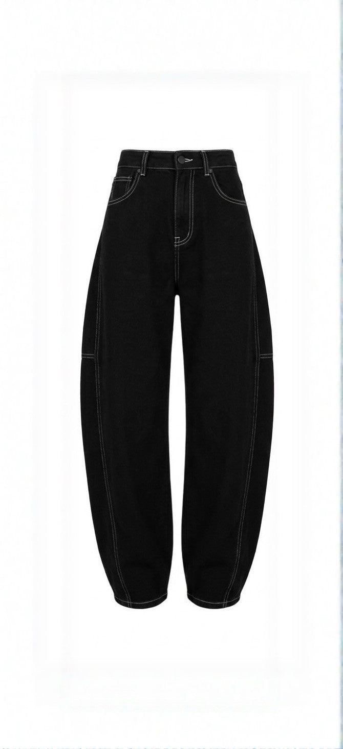 Pantalon Barrel Noir à Surpiqûres Contrastées