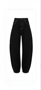 Pantalon Barrel Noir à Surpiqûres Contrastées